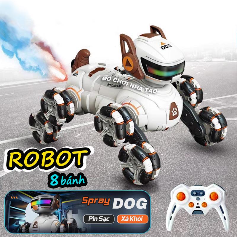 Đồ chơi chú chó robot cảnh vệ 8 bánh phun sương xả khói điều khiển từ xa sử dụng pin sạc, âm thanh, đèn led nhiều chức năng chi chuyển. Toy