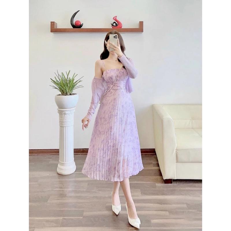 Đầm xoè voan hoa 2 dây dập ly kèm áo khoác siêu xinh V086 Dress 1