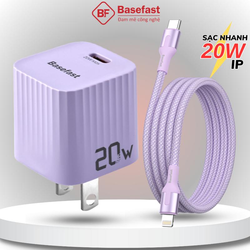Bộ sạc nhanh 20W Basefast củ sạc pd20w mini kèm dây dù siêu bền cho iphone xs max 11 12 13 14 promax  Phụ Kiện