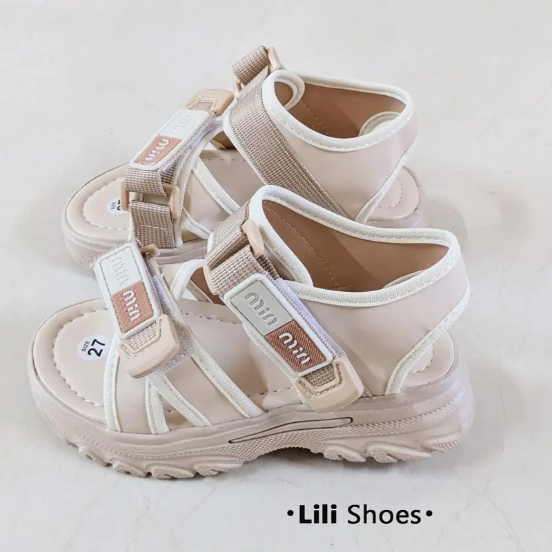 Size 27-34-Dép quai hậu đi học bé gái, đế chất PU bền nhẹ, quai da, phom đơn giản màu kem dễ phối đồ 3