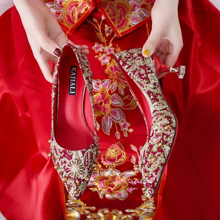 Giày Cưới Trung Quốc Xiuhe-Giày Cao Gót, Một Lớp Cho Nữ, Đa Chức Năng, Phong Cách Cổ Điển Thích Hợp Cho Cô Dâu, Hàng Mới Về， Shoes
