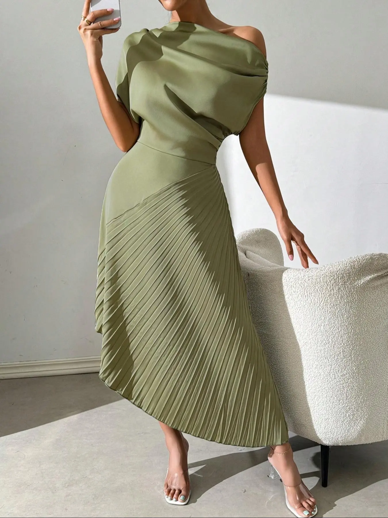 Women's Solid Color Asymmetrical Neck Midi Dress, Elegant Fashion Casual Long Dress for Daily Outdoor Wear, Women Dress for Spring Fall
