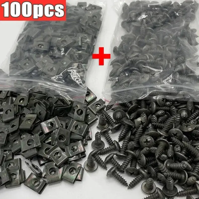 Pengikat Penoreh Skru Logam, 100pcs Campuran, Jenis U, dengan Skru, Klip Perlindungan Anti-karat, Gancu Skru, Sesuai untuk Kereta dan Motosikal, Lembaran Besi Hardware