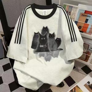 女の人はゆったりと延長版のファッションの街頭猫の紋様の綿の長袖の半袖のTシャツ、適してカジュアルに着て、夏に適用します。