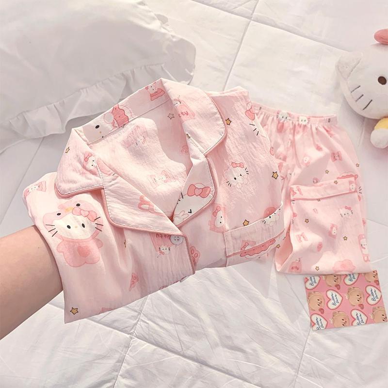 Bộ Đồ Ngủ Pijama Cotton Cho Trẻ Em Thiết Kế Mây Phong Cách Ngọt Ngào Dành Cho Trẻ Em Lớn Có Hello Kitty Áo Dài Tay Và Quần Dài Thích Hợp Cho Bé Gái Bộ Đồ Mặc Nhà Ngọt Ngào Và Dễ Thương Mùa Xuân Và Mùa Thu