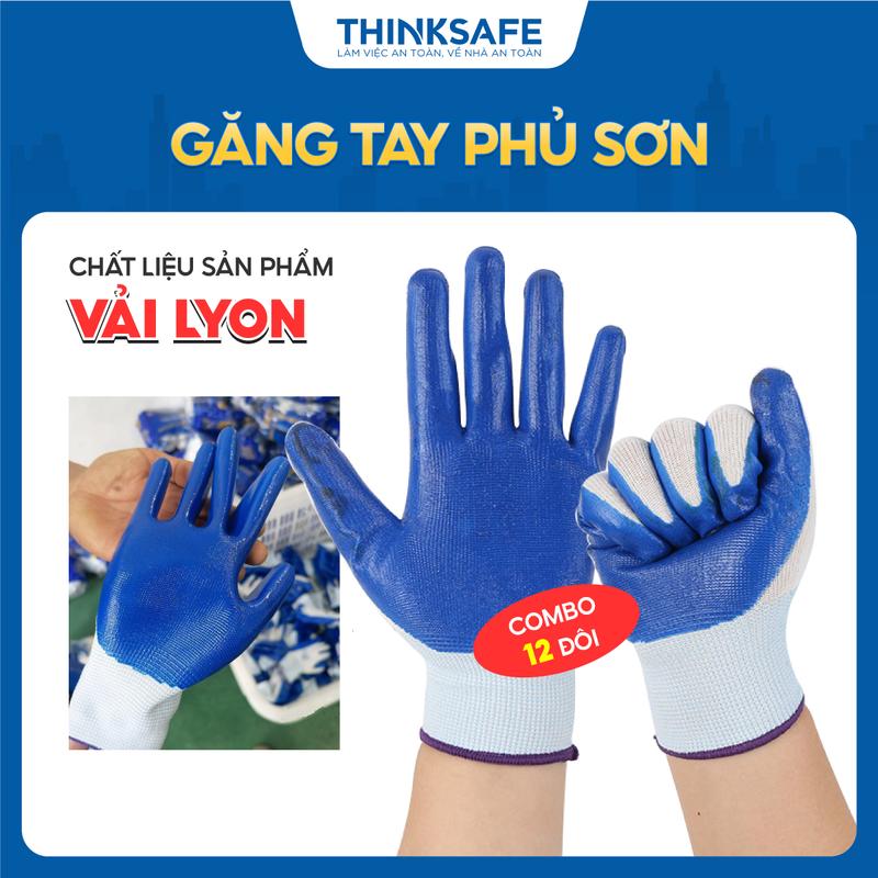 Combo 12 đôi găng tay bảo hộ phủ sơn màu xanh N518 chống dầu nhớt, Găng tay vải phủ sơn bám dính tốt, chống cắt - THINKSAFE