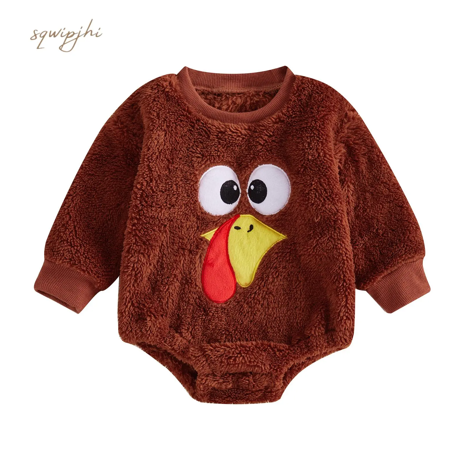 Baby Girl Boy Thanksgiving Romper Plush Turkey Embroidery Long Sleeve Sweatshirt Jumpsuit for Fall Winter