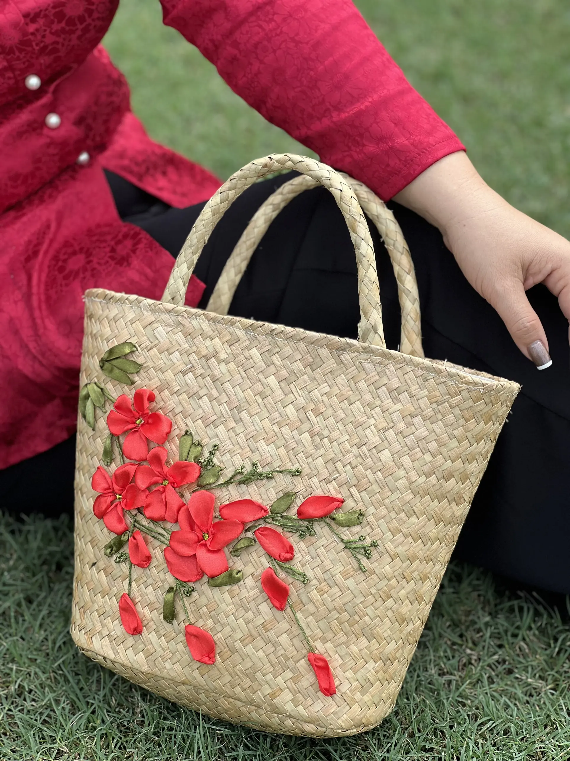 Túi cói thêu vẽ theo yêu cầu phối áo đài , áo bà ba truyền thống Bag Nữ size 33/21x11xh22/32cm