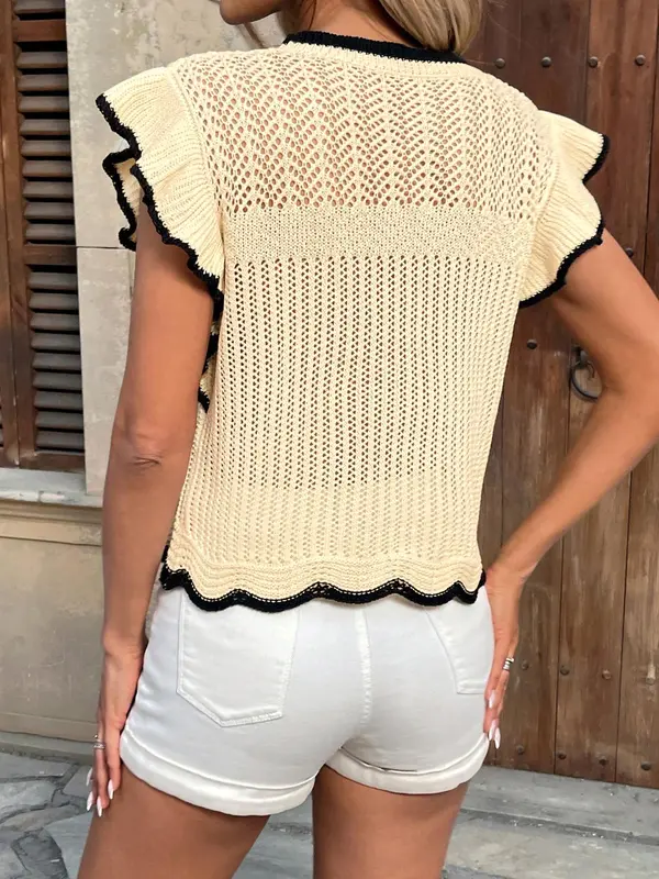 Women's Contrast Binding Sweater without Bottom, Casual Cap Sleeve Round Neck Knit Top for Summer, Fashion Women's Knitwear for Daily Wear 1