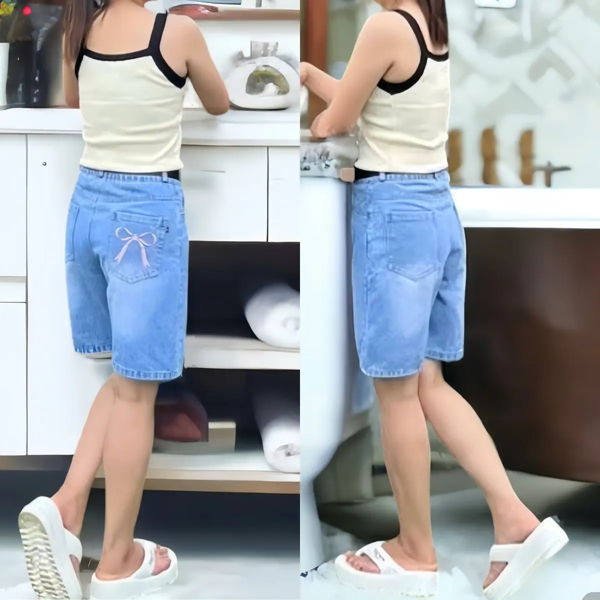 Quần Short Jeans Nữ, Quần Ngố Bò Nữ Có Thêu Nơ Cạp Lưng Cao Vải Mềm