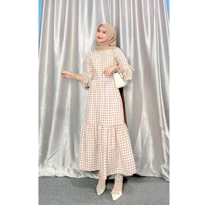Zaina Dress Gamis Lebaran Kekinian Motif Kotak Kotak Gamis Busui Friendly OOTD Dressah Dress Kotak Kotak Katun Gamis Ied Dewasa Midi Muslim Wanita Mocca