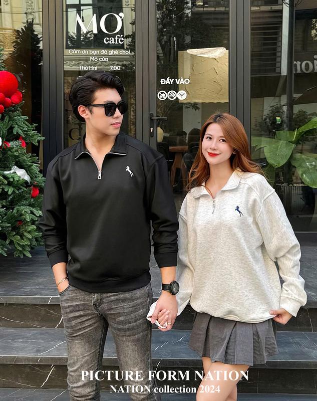 ( KHÔNG XÙ LÔNG ) Áo Sweater cổ lọ có khóa Nỉ 2 Da COTTON NATIONMAN thêu hình ngựa nam nữ cotton Unisex Local Brand Menswear