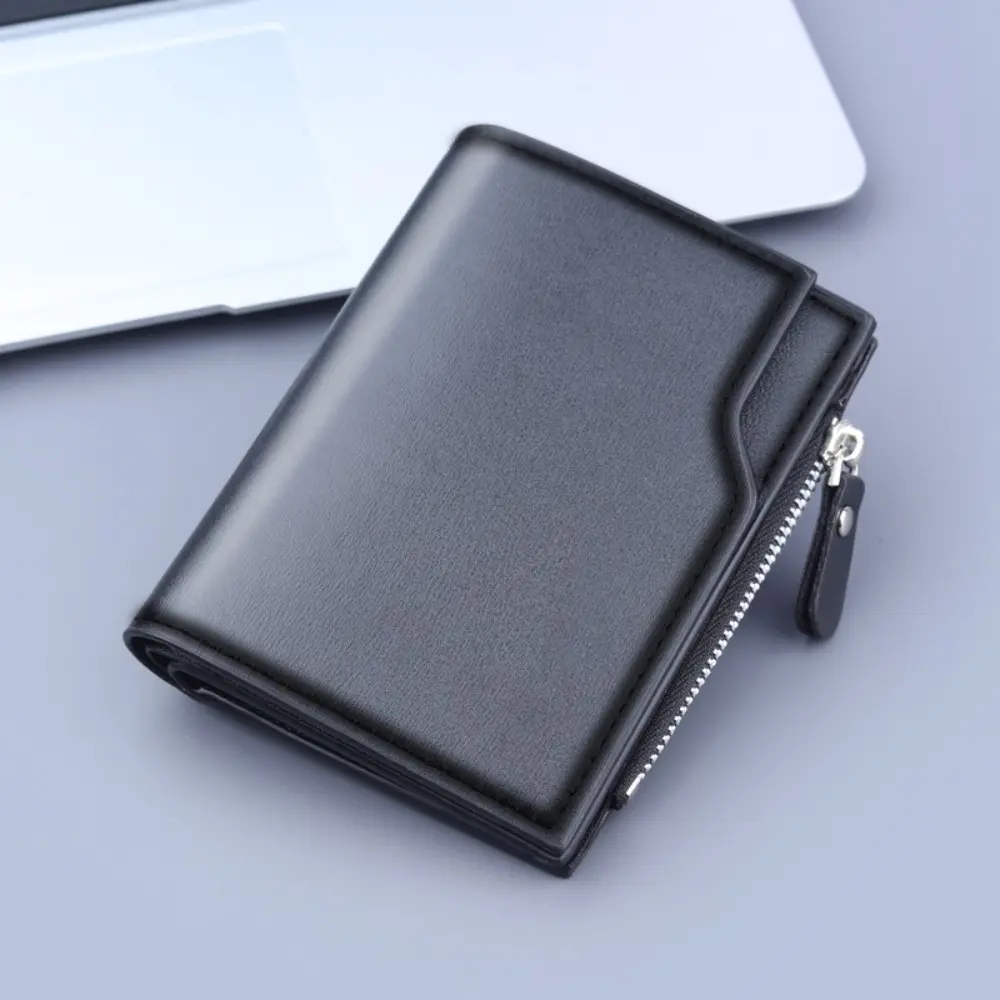 New PU Leather Men's Wallet Large Capacity Solid Color Card Holder Zipper Coin Pocket Male