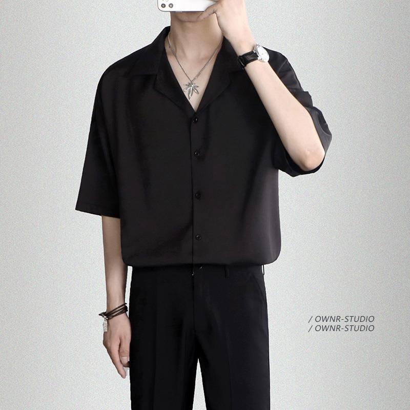 Áo sơ mi tay ngắn nam nữ form rộng sơ mi cổ vest unisex tay lỡ, chất vải lụa mịn chống nhăn Menswear Cổ Tròn Đen