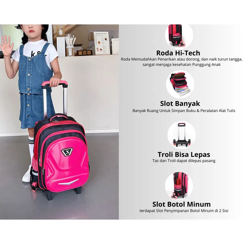 Tas Ransel Troli Koper Anak Sekolah Roda 3 Premium Trolley Dorong Fashion LK016 Sd / smp / sma 6