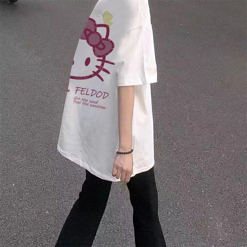 Áo Phông ngắn Tay Cho Nữ, Phong Cách Preppy Ngọt Ngào Dáng Rộng Rãi, Thiết Kế Hoạt Hình Mùa Hè, Thích Hợp Cho Học Sinh, Có Mèo Hellokitty Nhật Bản, Dễ Phối Đồ 3