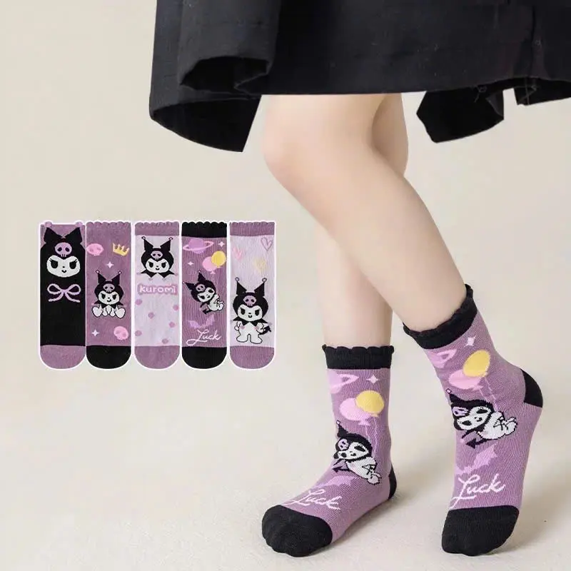 Set 5 Đôi Tất Cao Cổ Cho Bé Gái Họa Tiết Kuromi Tím Đậm Mẫu Mới Phong Cách Nhật Siêu Hot Te33 0