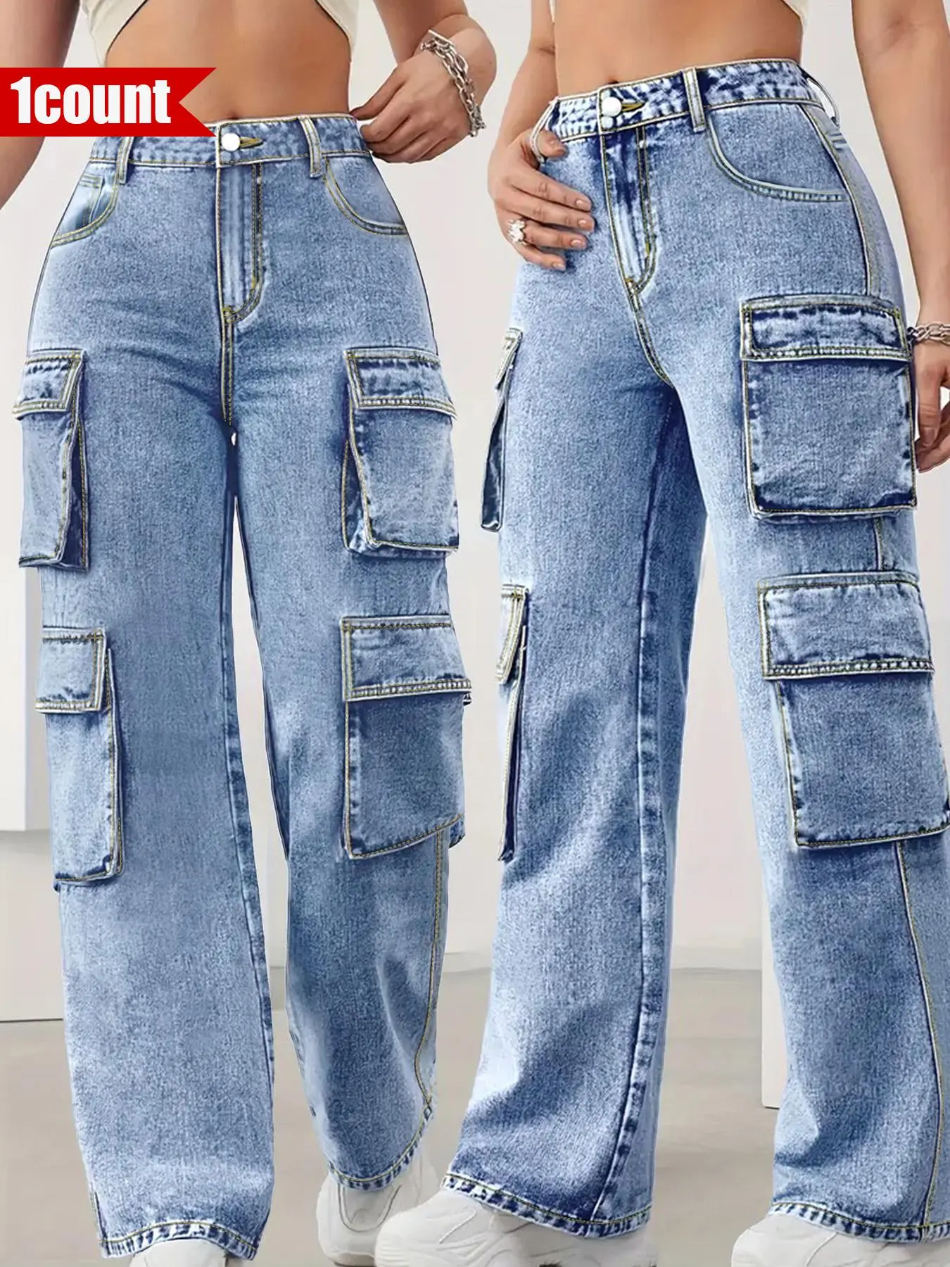 【Plus Size】 Solid Multi-pocket Denim Cargo Pants, Y2K Style Casual Streetwear Jeans for Daily Wear, Women's Bottoms for All Seasons