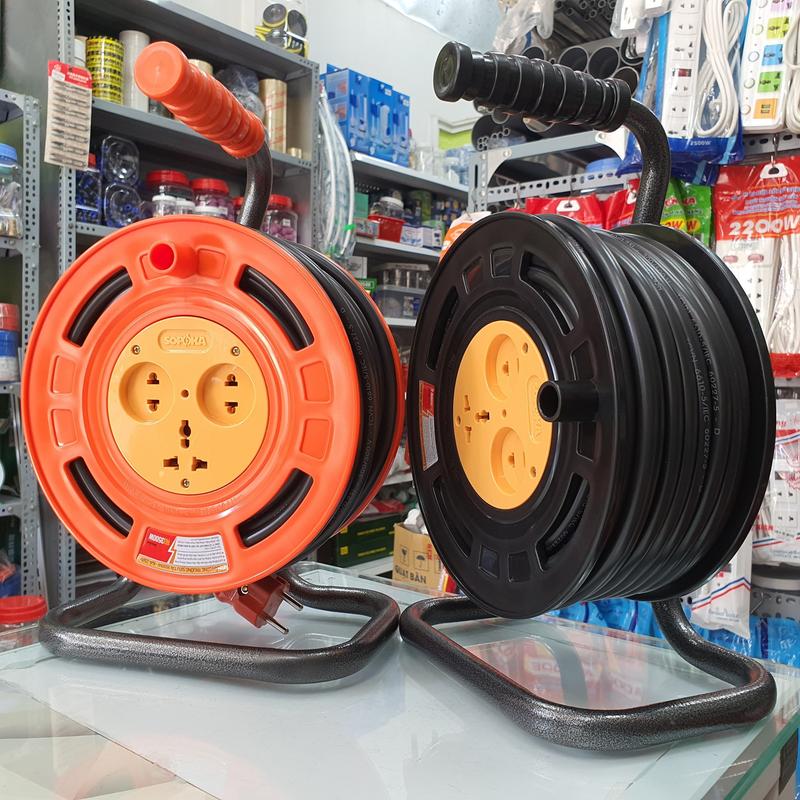Rulo cuộn dây điện SOPOKA dây 2x2.5 CADIVI VCmt tròn 2 lớp vỏ dài 15m, 20m, 25m công suất 3500W, ổ cắm điện công trường