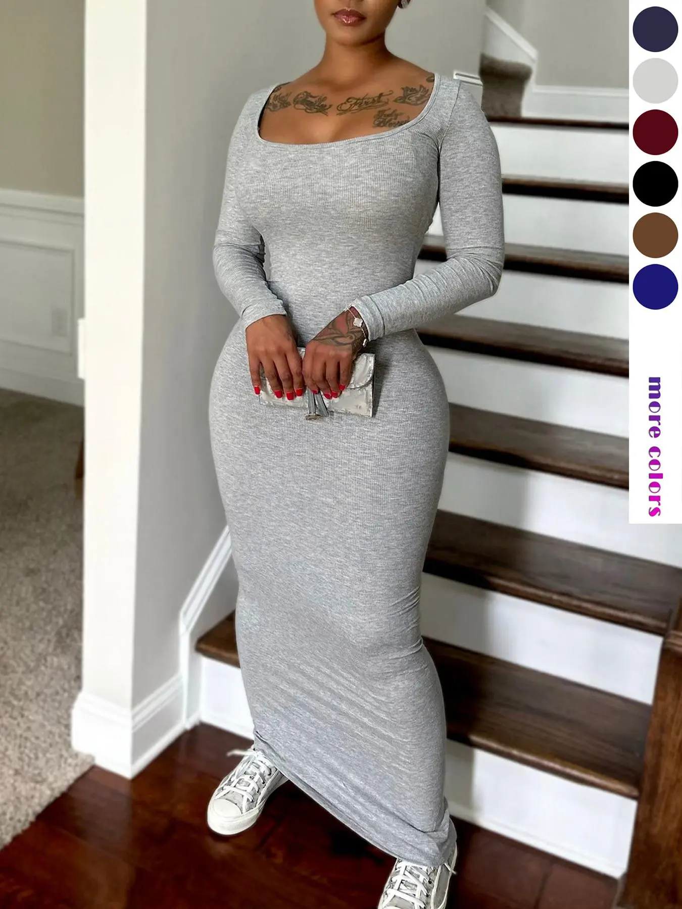 Plus Size Minimalist Solid Color Long Sleeve Square Neck Bodycon Dress, Casual Classy Flattering Fashion Cozy Long Dress, Women Clothing, Basic Comfort Longsleeves Womenswear