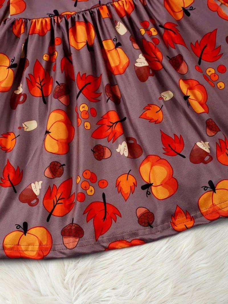 Product Introduction of Toddler Girl's All Over Maple Leaf Print Dress, Casual Long Sleeve Dress for Spring & Fall, Kids Clothes for Daily Wear 5