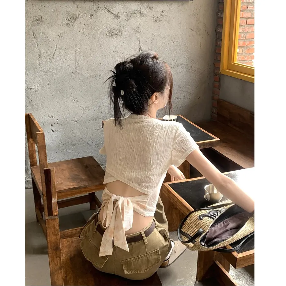 Áo Crop Top Hở Lưng, Dành Cho Nữ, Buộc Dây, Dáng Ôm, ngắn Tay, Thiết Kế Cắt Xẻ Áo Thun Mùa Hè