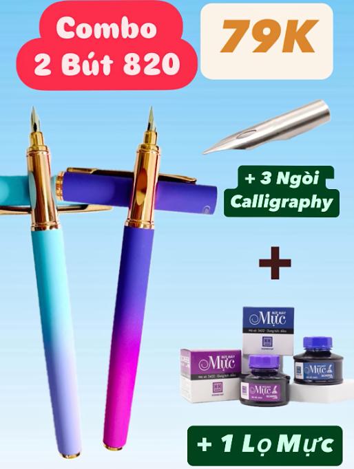 Combo 2 bút máy 820 TẶNG lọ mực TẶNG 3 ngòi thay thế,Bút máy luyện viết chữ Đẹp 820 ngòi kim tinh lá tre chuyên luyện thanh Đậm