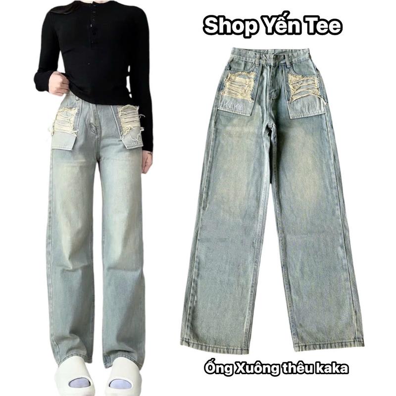 Quần jeans ống xuông túi thêu kaka mới 2025 Yến Tee , Quần đi học che khuyết điểm,quần suông sọc kẻ loại dày, quần ống suông nữ đẹp, quần jean nữ suông, quần ống suông kẻ sọc bigsize, quần bò ống suông nữ, quần ống suông, quần suông nữ ống rộng