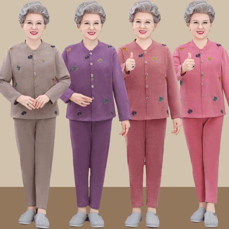 Quần Áo Mùa Đông Cho Phụ Nữ Trung Niên Và Cao Tuổi Quần Áo Lót Lông Cừu Dày Dặn Và Ấm Áp Áo Khoác Ngắn Bộ Đồ Cho Mẹ Áo Len Bà