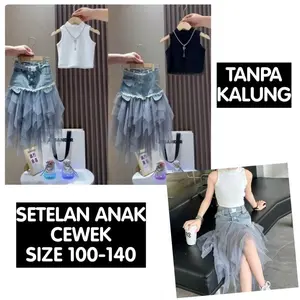 (LOLI-JKT) BS 839 SETELAN ANAK CEWEK KNIT TURTLENECK ROK JEANS TUTU RUMBAI SIZE 100-140