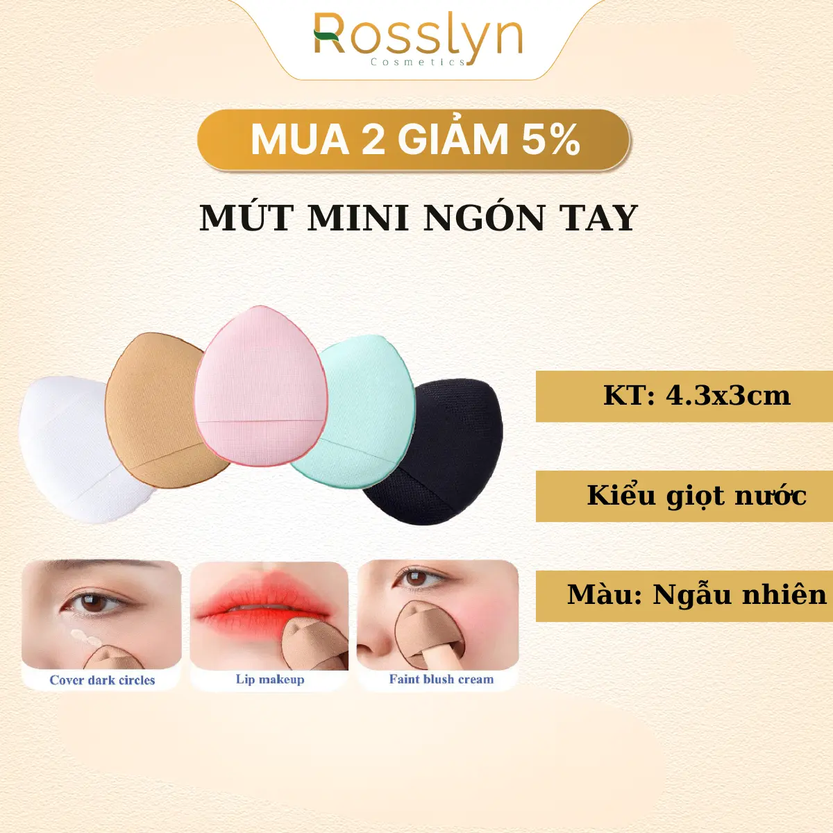 Mút Ngón Tay ROSSLYN Bông Mút Đánh Phấn Cỡ Nhỏ, Mút Mềm Trang Điểm (Giao Màu Ngẫu Nhiên)