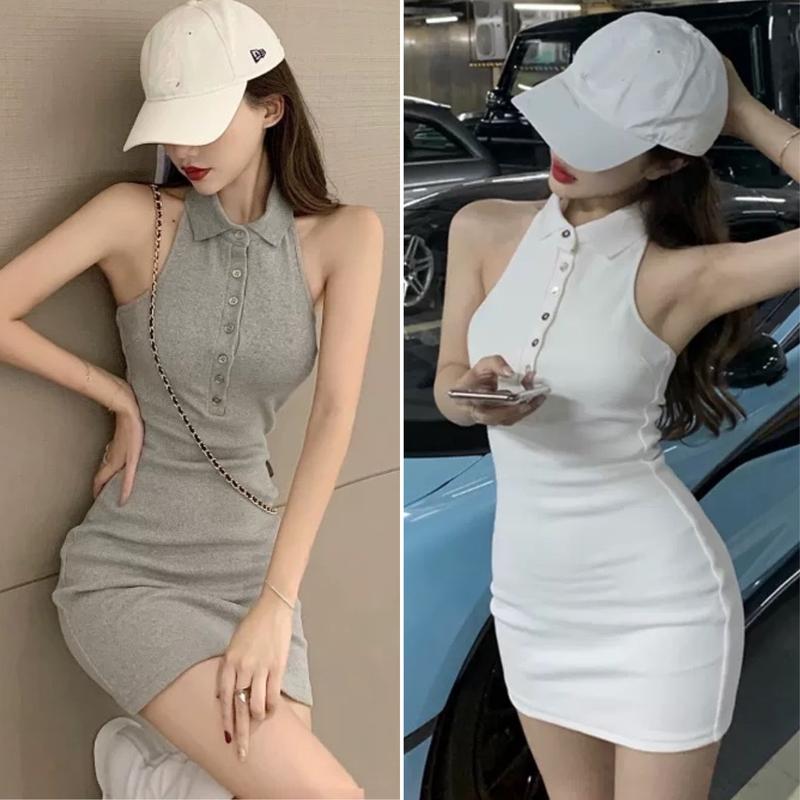 Đầm body nữ dự tiệc cổ yếm hở lưng màu trơn 3 màu đen trắng ghi freesize < 55kg đẹp sang chảnh sexy quyến rũ Cotton Women Voi Dress Thun