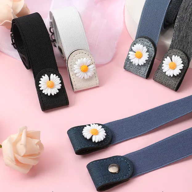 BISA COD F6092 Tali Pinggang Wanita / Belt Elastis Karet Klip / Tali Pinggang Double Flower Daisy / Belt Motif Bunga Korea Fashion Elegan Kanvas Gesper
