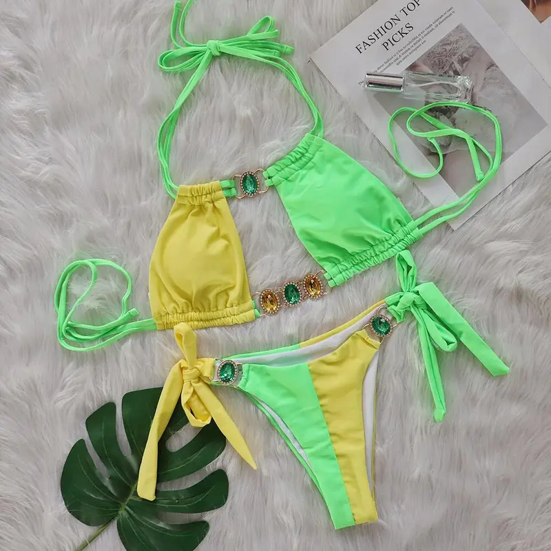 2025 New Crystal Diamond Bikini European and American Sexy Patchwork Bandage Women's Split Swimsuit Summer Vacation Beach Holiday Swimwear 5
