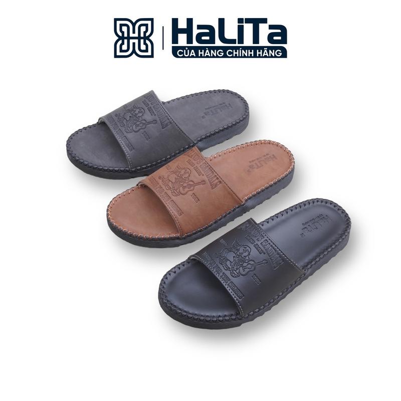 [ HaLiTa ] - Dép Nam Đẹp Đi Mưa dập vân nổi Địa , Da Bò Sáp chống thấm nước , Đế Nhẹ Có Răng Cưa Chống Trơn Trượt , Mặt da êm chân khâu chỉ viền xung quanh. DéP Nam Đế Bằng.