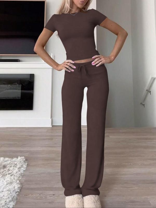 Women's Solid Short Sleeve Two-piece Set, Casual Tracksuit, Round Neck Crop Tee & Drawstring High Waist Trousers, Sixth Form Outfit, Co Ords for Women, Holiday Evening Outfits, Classy Going Out Tops & Pants Autumn Outfits 2024, Gym Sets, Fall Outfits 7