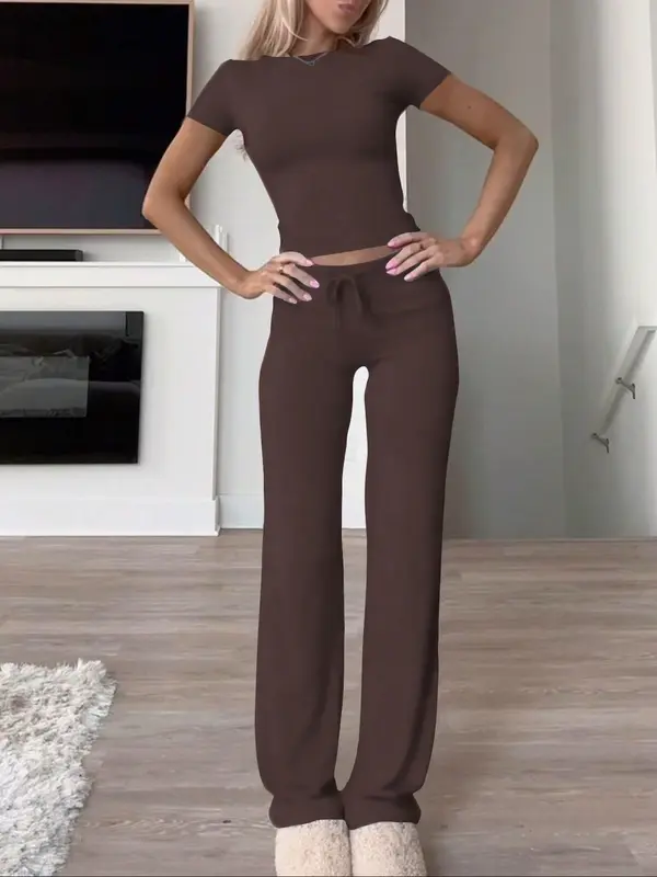 Women's Solid Short Sleeve Two-piece Set, Casual Tracksuit, Round Neck Crop Tee & Drawstring High Waist Trousers, Sixth Form Outfit, Co Ords for Women, Holiday Evening Outfits, Classy Going Out Tops & Pants Autumn Outfits 2024, Gym Sets, Fall Outfits 7