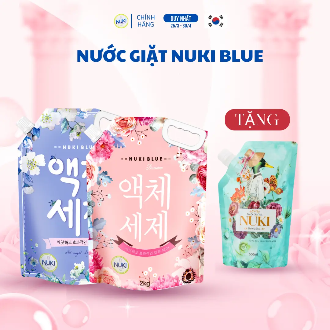 Combo 2 túi Nước giặt Nuki blue, Làm sạch quần áo, Lưu hương dịu nhẹ, Tặng thêm 1 túi nước xả vải đậm đặc