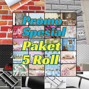 Paket 5 Roll COD | Terlaris Wallpaper Sticker Dinding Murah Batu Alam 3D | Polos | Abu | Hitam | COKLAT | Putih | Cream | Merah | Biru | Hijau Marmer Bata 3d | Polos Salur Batik Bunga Polkadot Kotak Segitiga Kertas