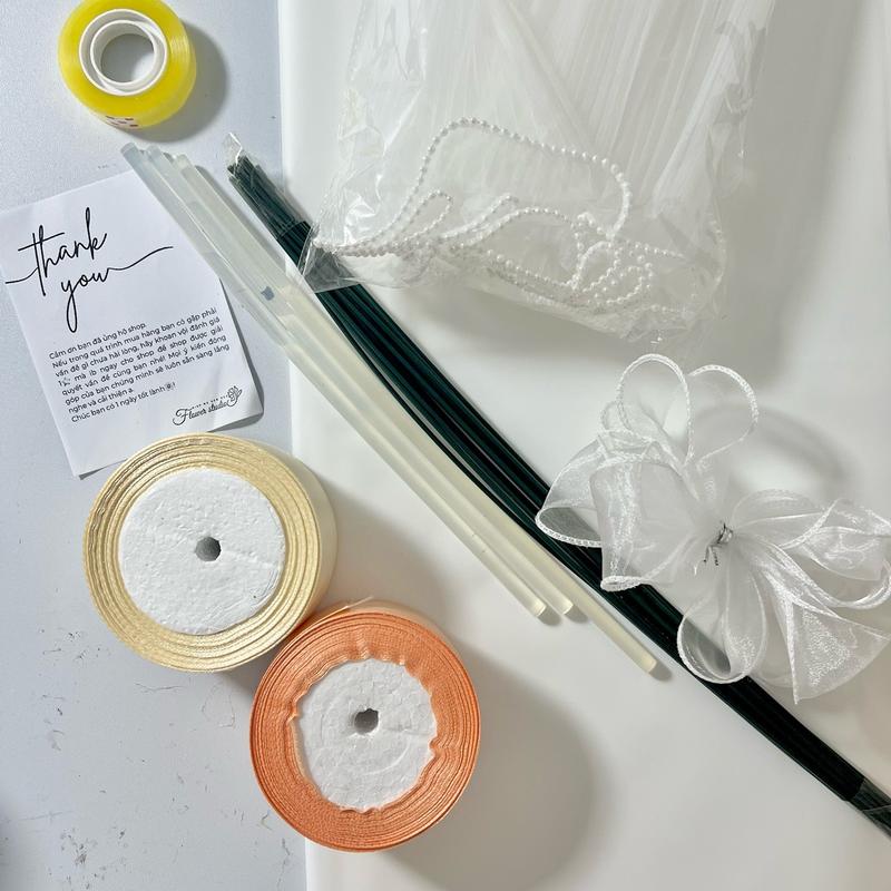  Custom 25-30 bông_ Set làm hoa ruy băng có voan sóng ngọc trai 