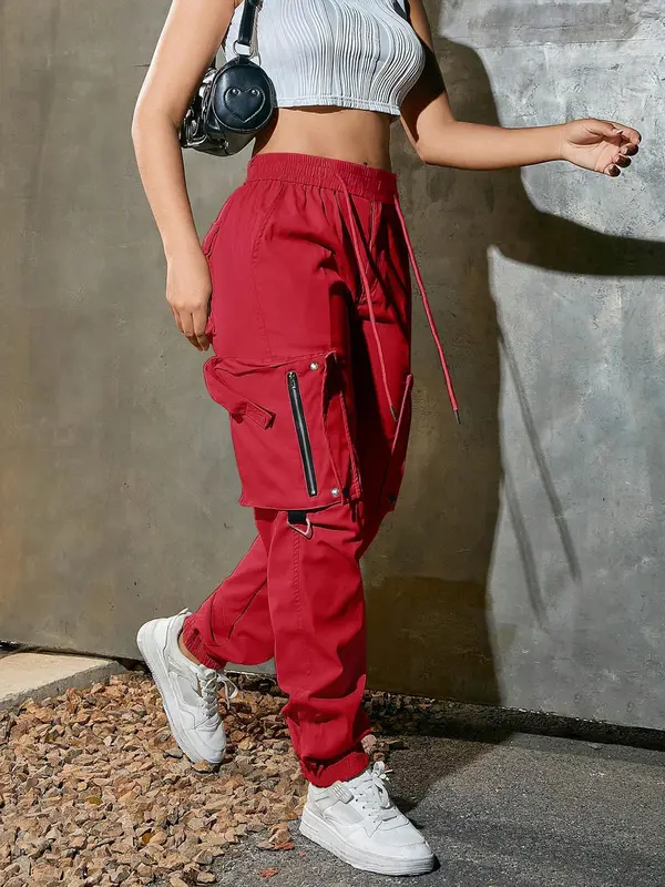 Women's Solid Pocket Drawstring Cargo Pants, Street Fashion Casual Trousers for Daily Wear, Ladies Bottoms for Spring & Fall 5