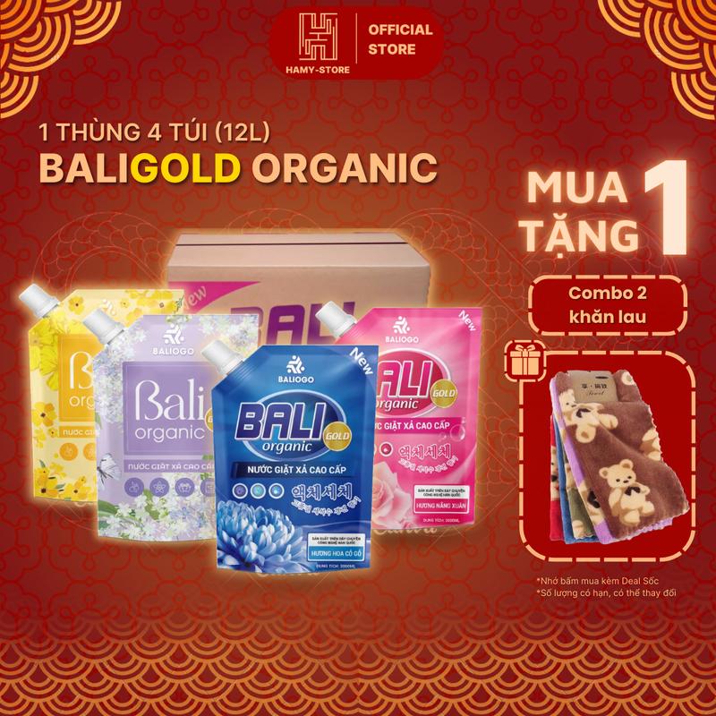 1 thùng 4 túi Nước Giặt Xả Túi Baligold Organic 3 Lít Hương Thơm Dịu Nhẹ Đậm Đặc Lưu Hương Lâu Làm Sạch công nghệ Hàn Quốc