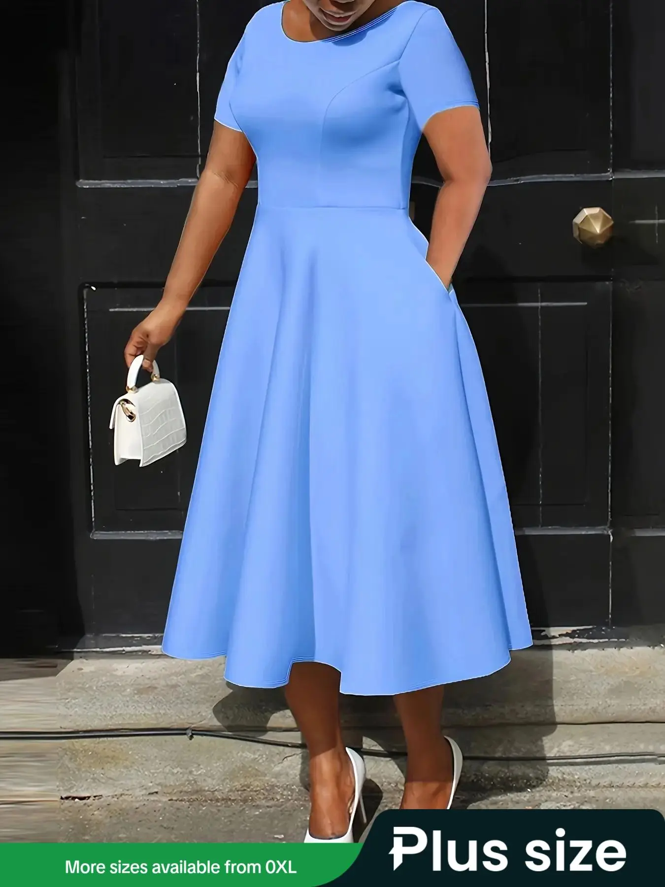 【Plus Size】 Solid Color Round Neck Dress, Casual Fashion Short Sleeve Dress for Daily Outdoor Wear, Women Plus Clothing for All Seasons