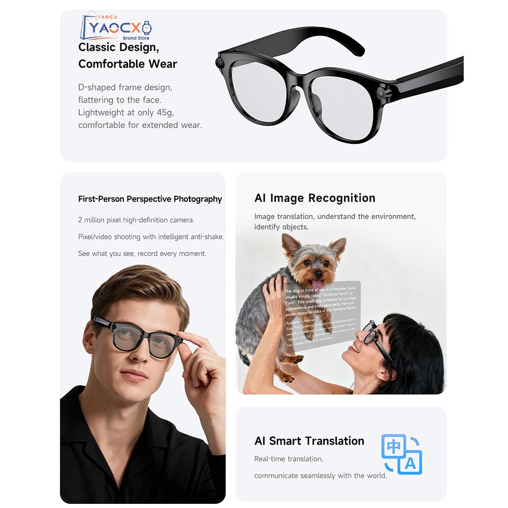 2026 AI Smart Glasses for Men Women 200W HD Camera 1080P Video AI Voice Assistant Translation Music Playback LED Flashlight