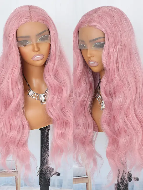 26 Inch Pink Long Wavy Wigs for Women, Gorgeous Fluffy Wigs without Bangs, Synthetic Wigs for Party, Daily Use 3