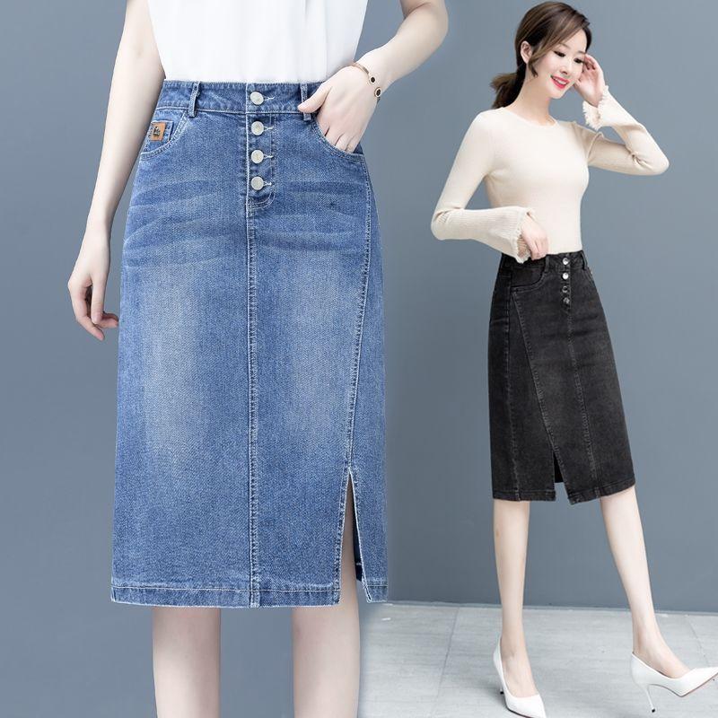 Chân Váy Denim, Dành Cho Nữ, Hàng Mới Về Xuân / Hè 2025, Cạp Cao, Xẻ Tà, Dài Trung Bình Ống Ôm Dáng Chữ A, Ngoại Cỡ, Chân Váy Bó Sát 2