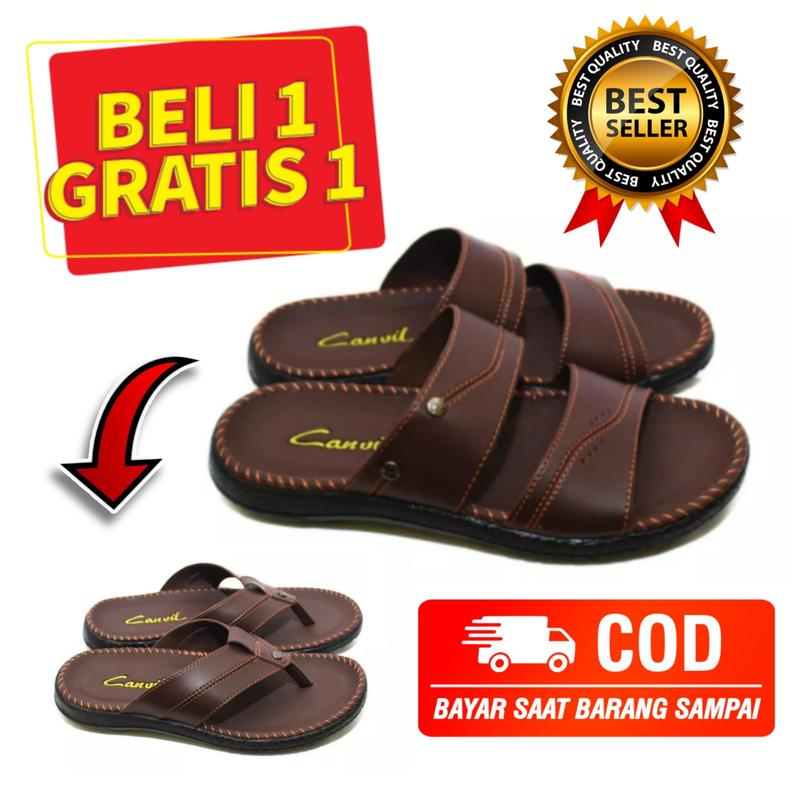 SANDAL PRIA COWOK CASUAL BELI 1 GRATIS 1  PROMO Sendal Slop Kulit Pria Japit Slop Selop Jepit 4