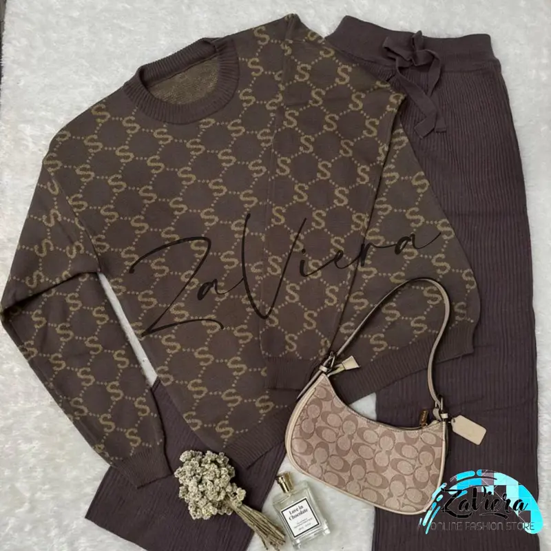 ZF - One Set Sally Oversize Atasan Model Tunik Bawahan Rajut Premium Fit Wanita Motif Huruf S Baju Cantik oneset kekinian setelan 3