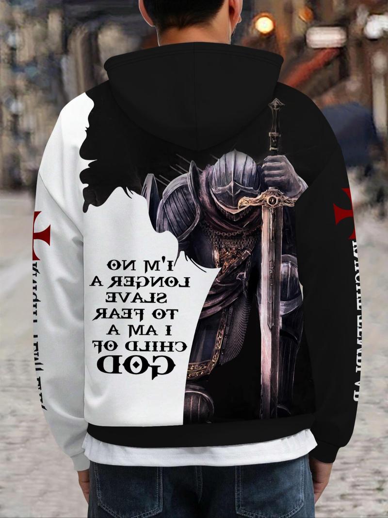Product Introduction of Men's Regular Fit Knight & Skeleton Print Drawstring Hoodie, Casual Graphic Pocket Hoodie for Fall & Winter, Men's Top for Daily Wear 5