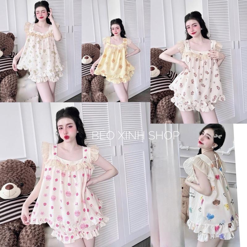 Đồ Bộ - Đồ Ngủ Đùi Cổ Vuông Vải Đũi Xốp Cổ Vuông Pijama Bigsize 50-100kg Nữ Áo Ngủ - A.5006